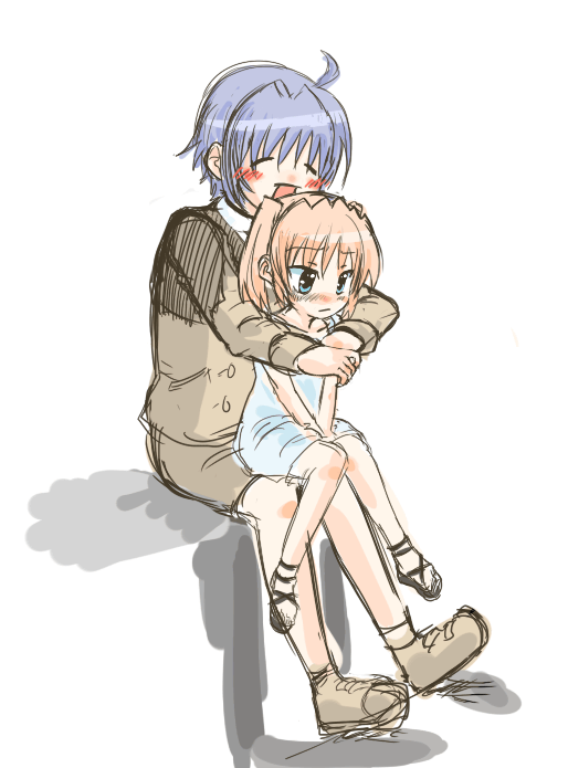 subaru nakajima, teana lanster, lyrical nanoha, mahou shoujo lyrical nanoha, mahou shoujo lyrical nanoha strikers, 00s, 2girls, aged down, blush, hug, military, military uniform, multiple girls, time paradox