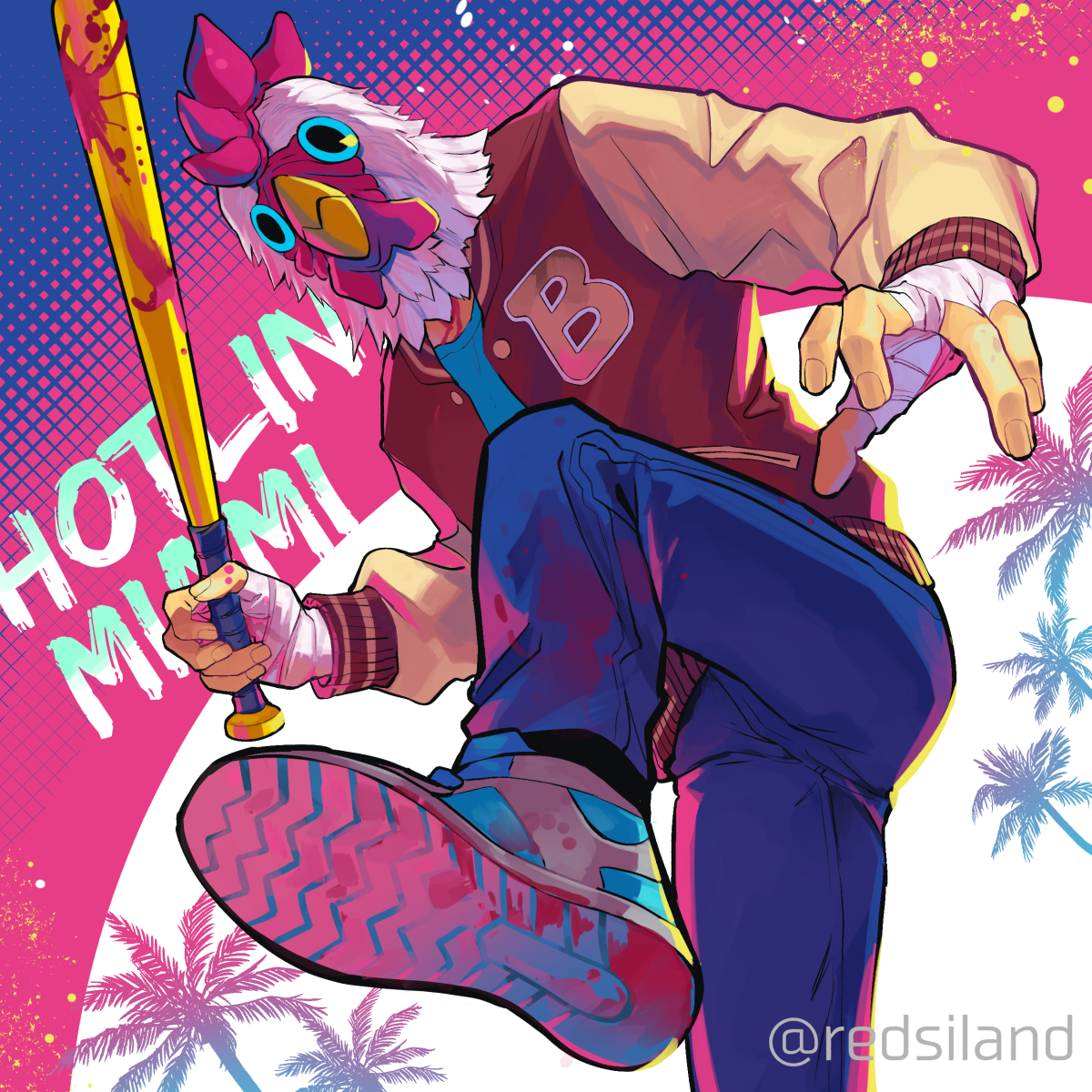 akagi (redsiland), jacket (hotline miami), hotline miami, commentary, english commentary, highres, mixed-language commentary, 1boy, baseball bat, blood, blood on clothes, chicken mask, copyright name, denim, from below, holding, holding baseball bat, jacket, jeans, palm tree, pants, solo, tree, twitter username