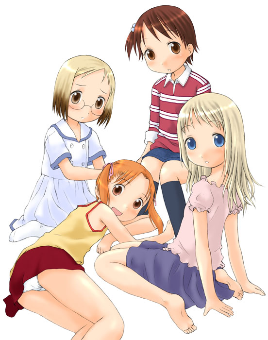 velfro, ana coppola, itou chika, matsuoka miu, sakuragi matsuri, ichigo mashimaro, blue legwear, white legwear, 4girls, :d, barefoot, blue eyes, blue skirt, blush, brown eyes, brown hair, buttons, chestnut mouth, collar, double-breasted, dress, frilled collar, frills, glasses, gradient hair, hair bobbles, hair ornament, hair ribbon, kneehighs, legs together, long hair, looking at viewer, lying, miniskirt, multicolored hair, multiple girls, no shoes, on side, one side up, open mouth, orange hair, panties, pantyshot, parted bangs, pink shirt, puffy short sleeves, puffy sleeves, purple skirt, red skirt, ribbon, shirt, short hair, short sleeves, simple background, sitting, skirt, sleeveless, sleeveless shirt, sleeves rolled up, smile, socks, soles, striped clothes, striped shirt, swept bangs, underwear, upskirt, wariza, white background, white dress, white panties
