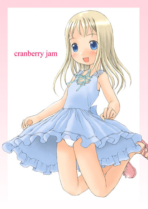 velfro, ana coppola, ichigo mashimaro, 1girl, blonde hair, blue dress, blue eyes, blush, dress, female focus, jumping, long hair, open mouth, panties, pantyshot, pink shoes, shoes, sleeveless, sleeveless dress, smile, solo, underwear, white background, white panties, wind, wind lift