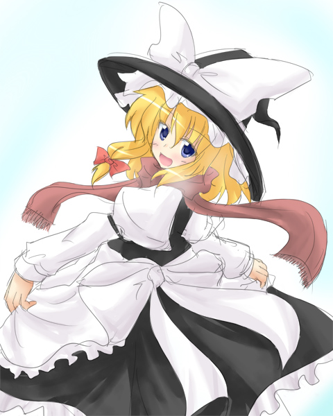 hassaku karin, ya-nyaa, kirisame marisa, perfect cherry blossom, touhou, 1girl, :d, blonde hair, blue eyes, blush, dress, female focus, hat, hat ribbon, long hair, long sleeves, looking at viewer, open mouth, red scarf, ribbon, scarf, smile, solo, witch hat
