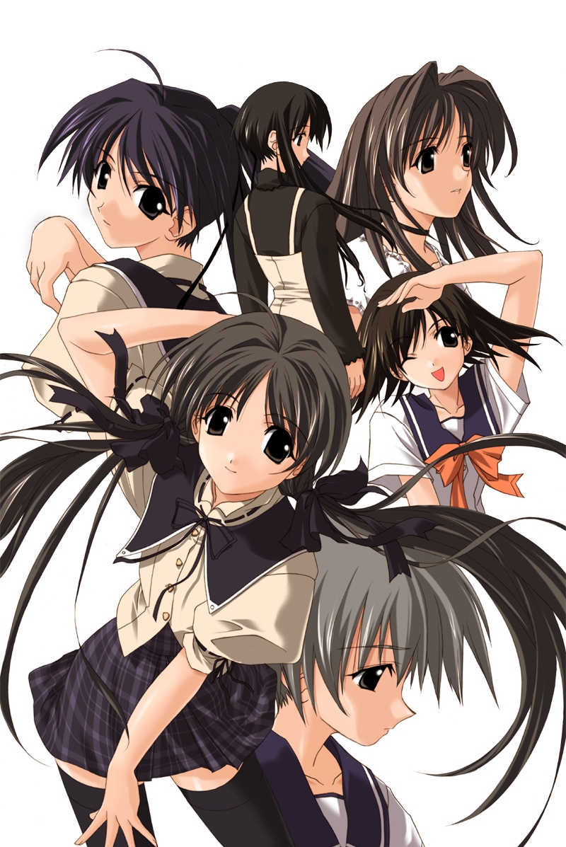 sasaki mutsumi, minami tsubame, shirakawa hotaru, shirakawa shizuru, soma megumi, souma megumi, suzuna takano, tobise tomoe, memories off, memories off 2nd, silver hair, 6+girls, brown eyes, brown hair, multiple girls, one eye closed, ponytail, ribbon, school uniform, serafuku, thighhighs, twintails, wink