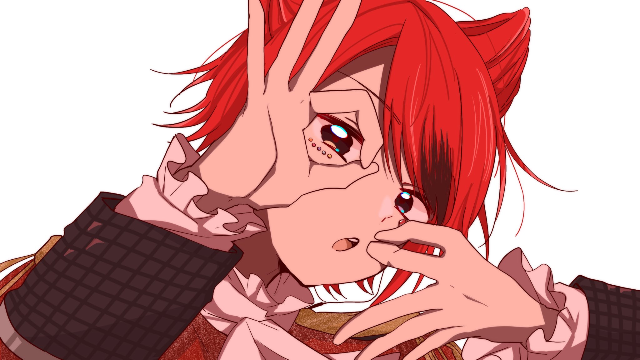 rinu (stpri), strawberry prince, commentary, highres, 1boy, facial mark, frilled sleeves, frills, hair between eyes, head tilt, long sleeves, male focus, ok sign, ok sign over eye, open mouth, parted bangs, portrait, red hair, simple background, solo, teeth, uniuni12040427, upper teeth only, white background