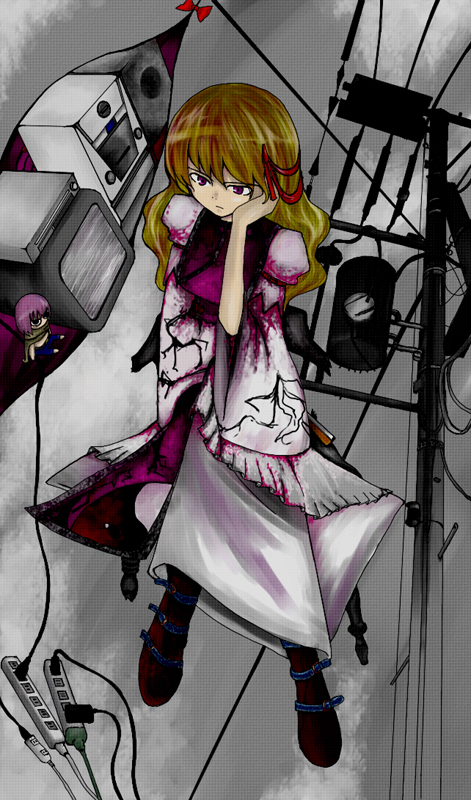 hyara, yakumo yukari, touhou, 1girl, female focus, full body, gap (touhou), outdoors, sky, solo, television