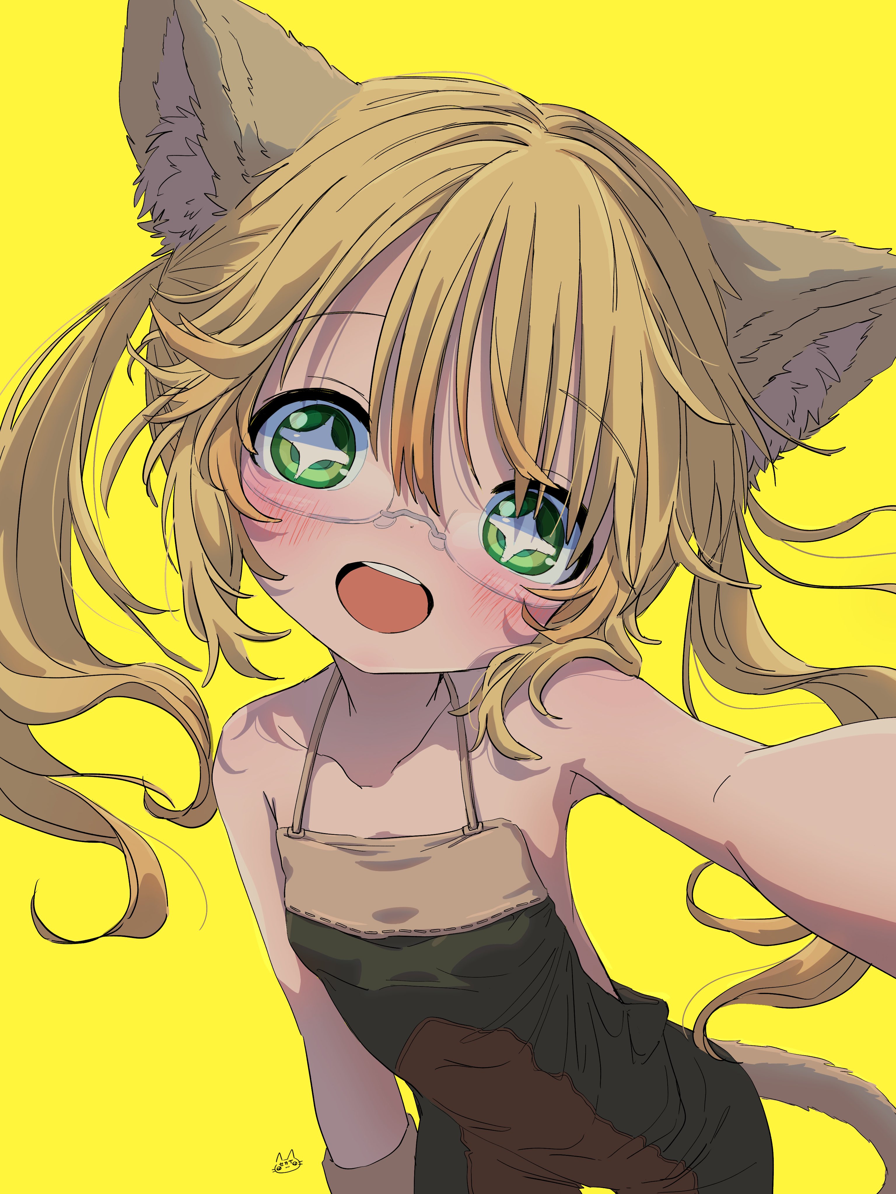 sekaineko 001, riko (made in abyss), made in abyss, absurdres, commentary request, highres, + +, 1girl, :d, animal ear fluff, animal ears, apron, bare arms, bare shoulders, blonde hair, breasts, cat ears, cat girl, cat tail, collarbone, glasses, green apron, green eyes, kemonomimi mode, long hair, looking at viewer, open mouth, outstretched arm, reaching, reaching towards viewer, semi-rimless eyewear, simple background, small breasts, smile, solo, tail, teeth, twintails, under-rim eyewear, upper teeth only, white-framed eyewear, yellow background