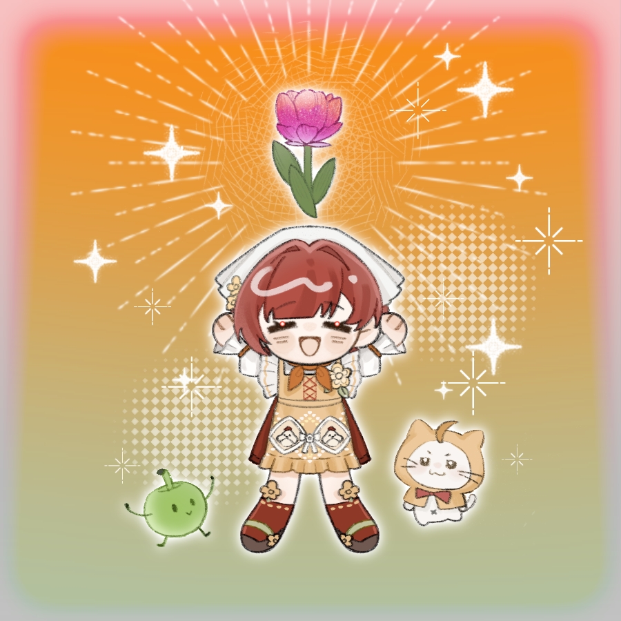 hanmengcanyan, junimo, momo (nikki), infinity nikki, nikki (series), stardew valley, 1girl, :3, ^ ^, ahoge, animal, apple, apron, arms up, bird, black eyes, black shoes, blunt bangs, blush stickers, border, bow, bowtie, brooch, brown hair, cat, chibi, chicken, chicken print, cloak, closed eyes, closed mouth, clothed animal, country lolita, cross-laced apron, dress, ear covers, eyelashes, flower, flower brooch, food, food-themed creature, footwear flower, frilled apron, frilled sleeves, frills, fruit, gradient background, gradient border, green apple, green background, grey border, hair intakes, halftone, happy, hat, hat flower, headscarf, hood, hood up, hooded cloak, jewelry, kneehighs, layered sleeves, lolita fashion, long sleeves, looking at another, mary janes, medium dress, navel, notice lines, open mouth, orange background, orange scarf, outline, pinafore dress, pink border, pink flower, pleated sleeves, puffy long sleeves, puffy sleeves, red bow, red bowtie, red dress, red socks, ribbon-trimmed socks, ribbon trim, scarf, shirt, shoes, short hair, short over long sleeves, short sleeves, sleeveless, sleeveless dress, sleeves past wrists, smile, socks, solid oval eyes, sparkle, stardew valley encounter (infinity nikki), straight-on, traditional bowtie, two-tone background, two-tone border, whiskers, white cat, white flower, white headscarf, white outline, white shirt, yellow apron, yellow cloak, yellow flower