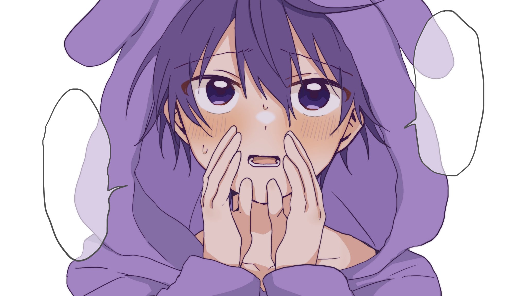 nanamori (stpri), strawberry prince, commentary, highres, 1boy, animal ear hood, blank speech bubble, blush, cupping hands, fake animal ears, hair between eyes, hood, lower teeth only, male focus, open mouth, own hands together, pajamas, portrait, purple eyes, purple hair, purple pajamas, short hair, simple background, solo, speech bubble, straight-on, sweatdrop, teeth, uniuni12040427, white background