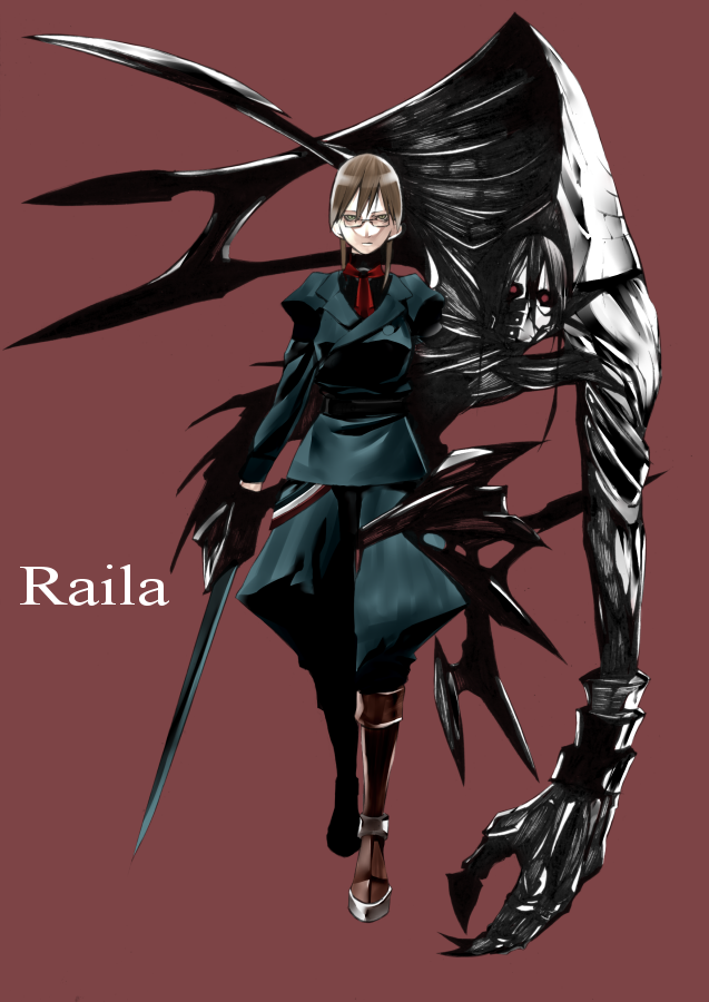 onigunsou, pixiv fantasia, pixiv fantasia 1, 1girl, brown hair, english text, female focus, glasses, monster, raila, solo, sword, weapon