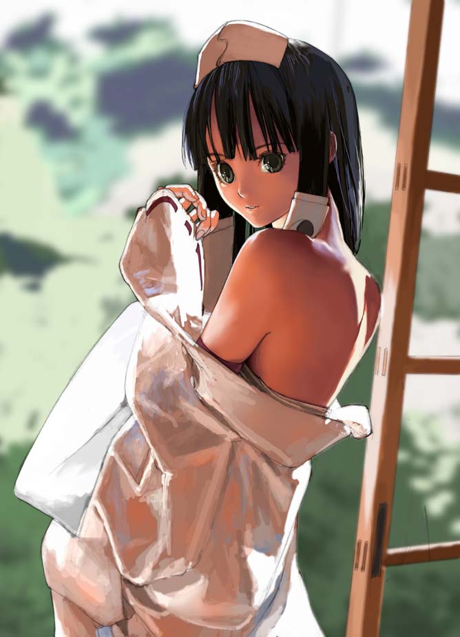 nakabayashi reimei, ryuna, ryuuna (shining tears), sega, shining (series), shining tears, 1girl, bare shoulders, black hair, blunt bangs, female focus, lips, long sleeves, looking back, nurse, off shoulder, sleeves past wrists, solo
