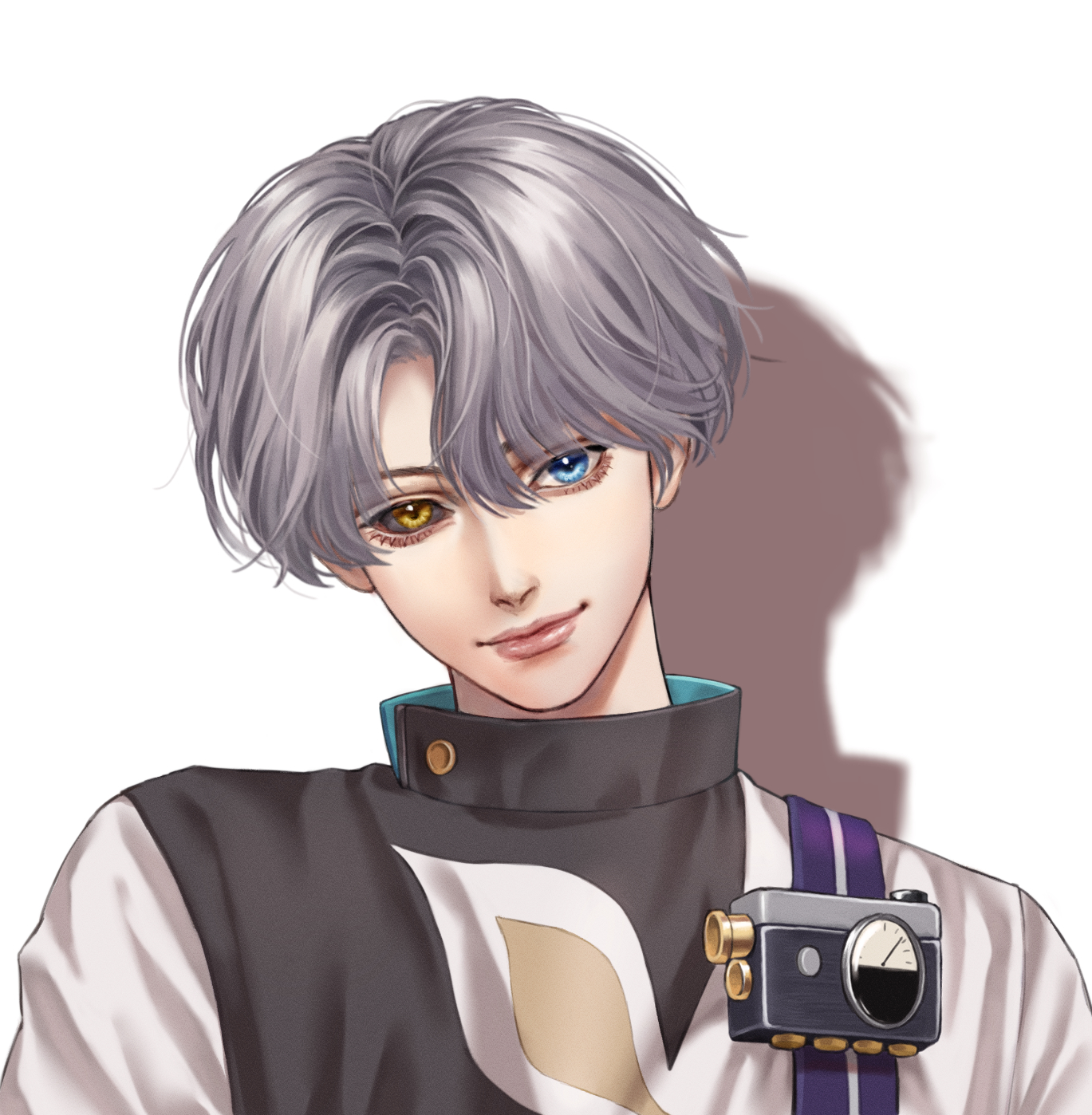 x (reverse:1999), reverse:1999, highres, 1boy, alientomoe, black sclera, blue eyes, closed mouth, coat, colored sclera, grey hair, head tilt, heterochromia, looking at viewer, male focus, mismatched sclera, shadow, short hair, solo, upper body, white background, white coat, yellow eyes