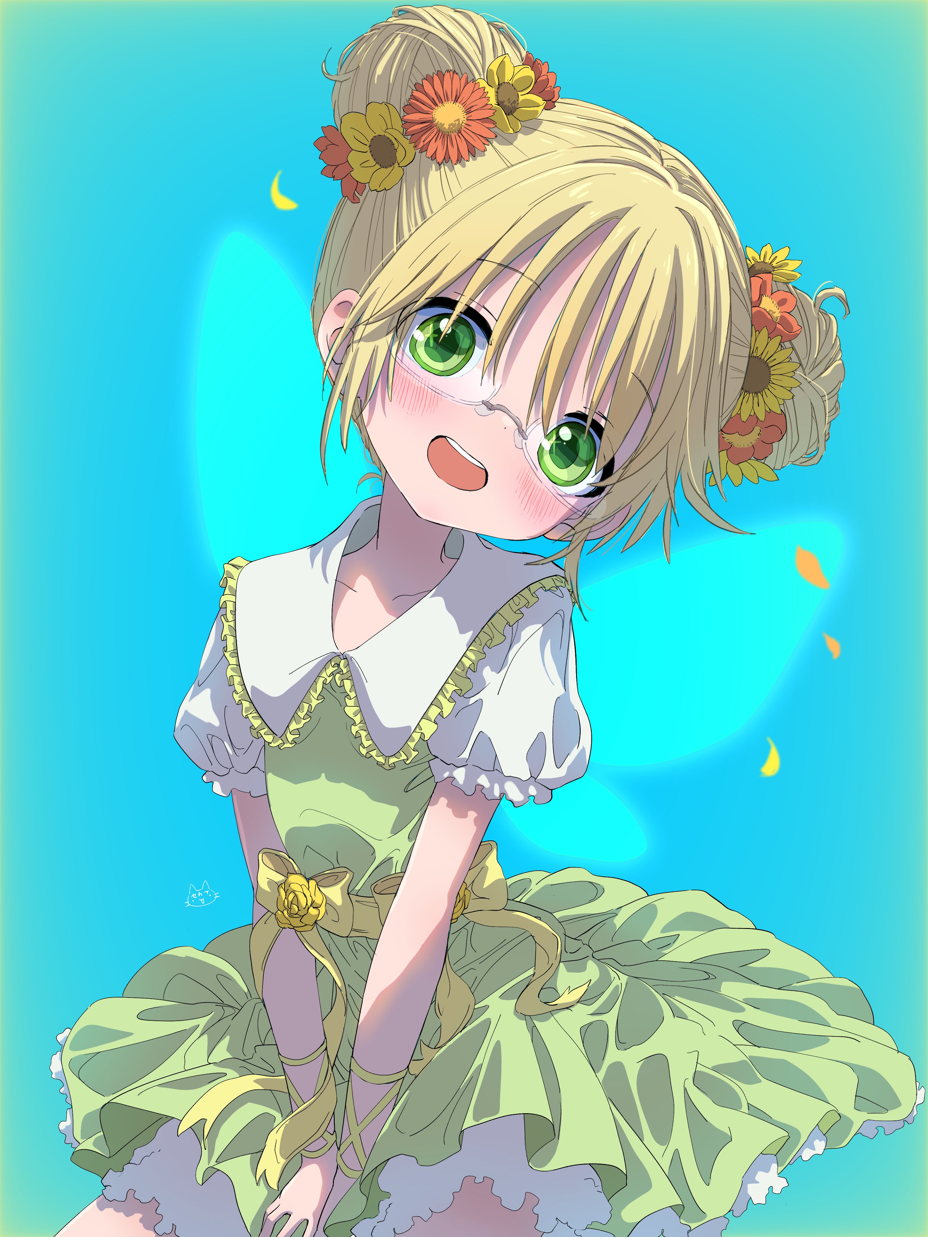 sekaineko 001, riko (made in abyss), made in abyss, absurdres, commentary request, highres, 1girl, :d, blonde hair, bloomers, bow, collared dress, double bun, dress, dress bow, flower, glasses, green dress, green eyes, hair bun, hair flower, hair ornament, head tilt, open mouth, orange flower, puffy short sleeves, puffy sleeves, semi-rimless eyewear, short hair, short sleeves, smile, solo, teeth, under-rim eyewear, underwear, upper teeth only, white-framed eyewear, white bloomers, yellow bow, yellow flower