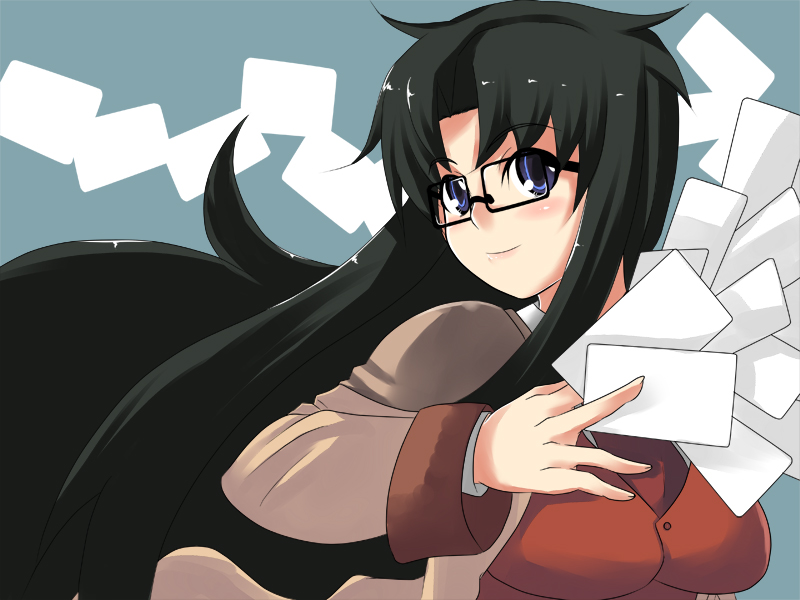 johnny funamushi, yomiko readman, read or die, 00s, 1girl, between fingers, black-framed eyewear, black hair, breasts, dress, female focus, glasses, grey background, holding, large breasts, long hair, long sleeves, looking at viewer, paper, red dress, semi-rimless eyewear, simple background, solo, under-rim eyewear, upper body, very long hair