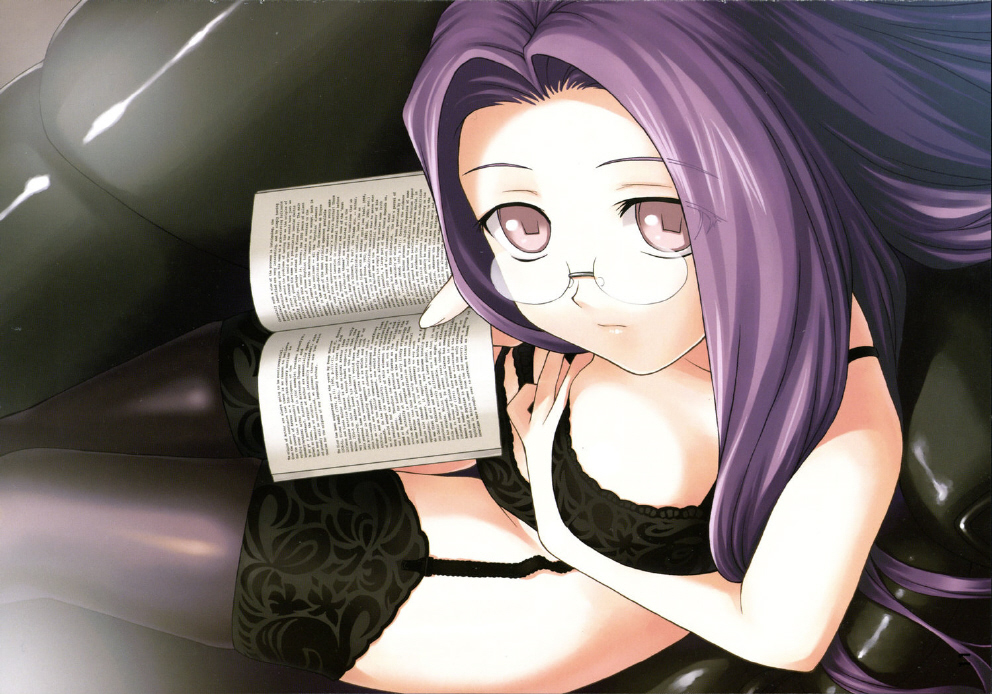 medusa (fate), medusa (rider) (fate), fate/hollow ataraxia, fate/stay night, fate (series), 00s, book, bra, garter belt, glasses, lingerie, long hair, pink eyes, purple hair, solo, square pupils, thighhighs, underwear