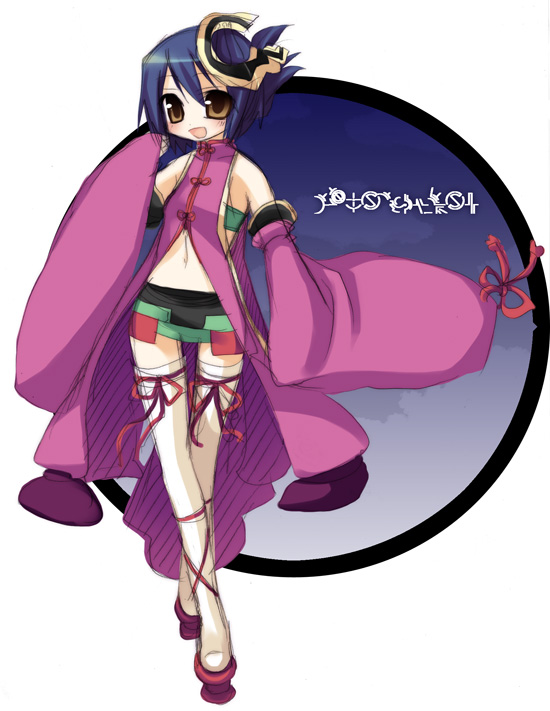 sazaki ichiri, luca truelywaath, ar tonelico, ar tonelico ii, gust, 00s, 1girl, :d, blue eyes, blush, bow, brown hair, detached sleeves, female focus, folded ponytail, footwear ribbon, hair ornament, hymmnos, midriff, miniskirt, navel, open mouth, short hair, skirt, smile, solo, thighhighs, white thighhighs