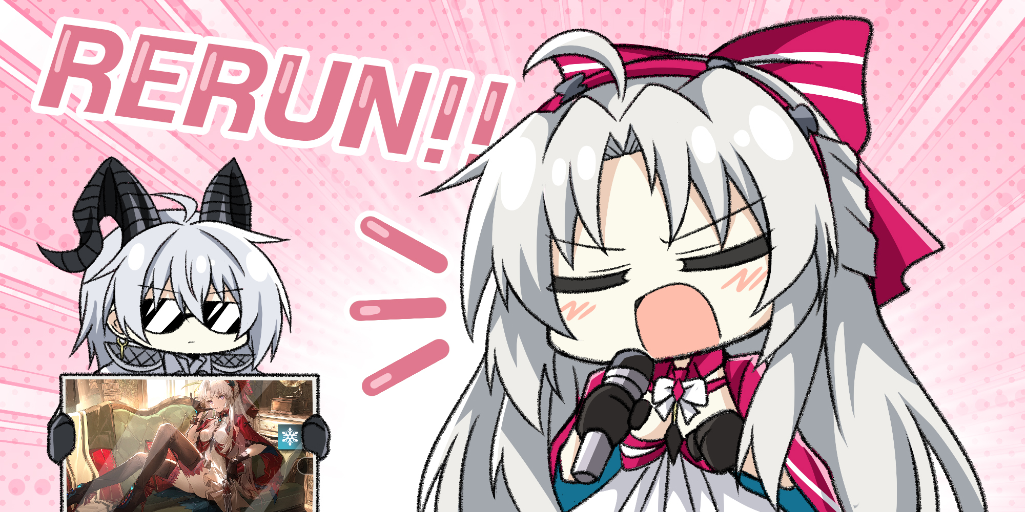 windy (jazz9207), carlotta (wuthering waves), zani (wuthering waves), wuthering waves, commentary request, highres, korean commentary, 2girls, ahoge, black gloves, black horns, bow, chibi, chibi only, closed eyes, closed mouth, curled horns, dress, english text, gloves, hair bow, hairband, holding, holding microphone, holding tablet pc, horns, jacket, microphone, multiple girls, music, official art inset, open mouth, parted bangs, pink bow, pink hairband, pink jacket, singing, striped bow, sunglasses, tablet pc, white dress