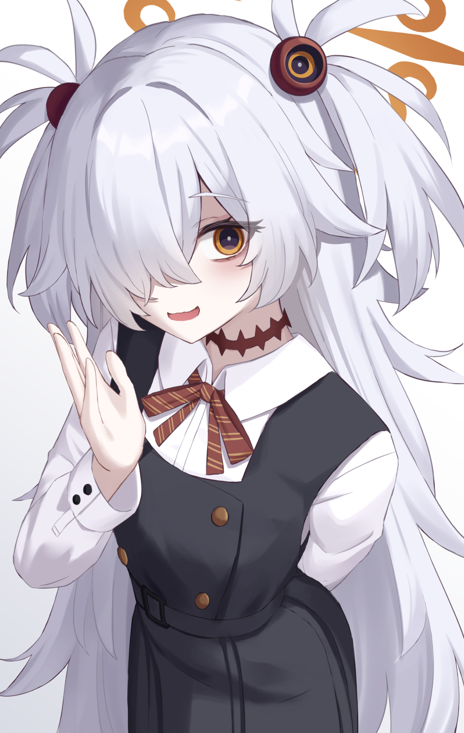 fuka kurotsuji, kanoe (blue archive), blue archive, highres, 1girl, black dress, blush, bow, brown eyes, brown halo, dress, grey hair, hair over one eye, halo, long hair, looking at viewer, open mouth, red bow, shirt, sidelocks, simple background, solo, two side up, white background, white shirt