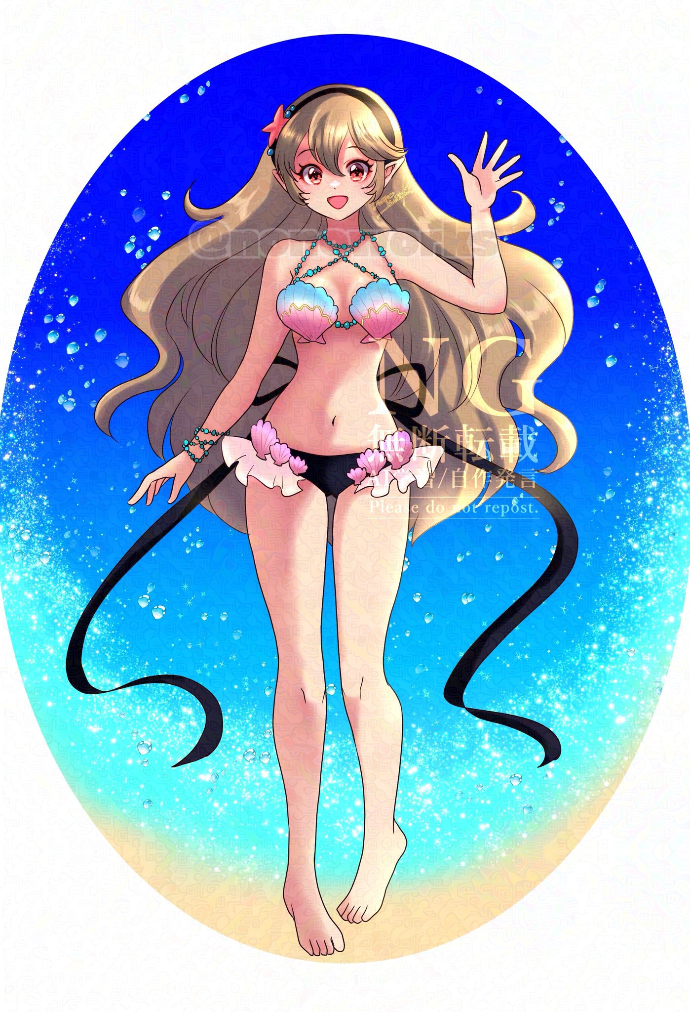 nonoworks, female corrin (cipher shell bikini) (fire emblem), female corrin (fire emblem), fire emblem, fire emblem cipher, fire emblem fates, nintendo, commission, highres, 1girl, bare shoulders, bikini, black bikini, black hairband, blush, breasts, clam shell, grey hair, hair between eyes, hair ornament, hairband, long hair, looking at viewer, medium breasts, navel, official alternate costume, open mouth, pointy ears, red eyes, seashell, shell, shell bikini, smile, solo, starfish, starfish hair ornament, swimsuit, very long hair, waving