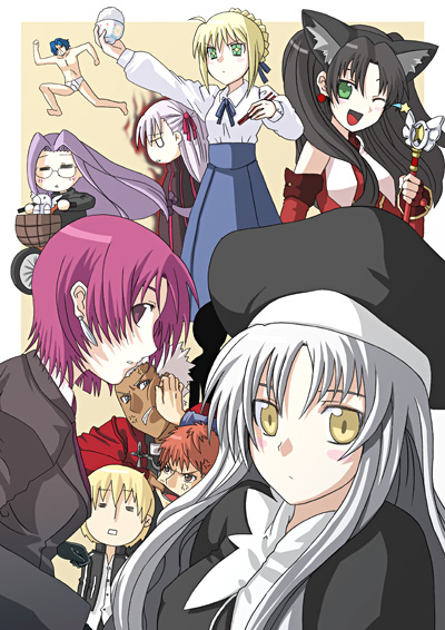 archer (fate), artoria pendragon (fate), bazett fraga mcremitz, caren hortensia, cu chulainn (fate), cu chulainn (fate/stay night), dark matou sakura, dark sakura, emiya shirou, gilgamesh (fate), kaleido ruby, matou sakura, matou shinji, medusa (fate), medusa (rider) (fate), saber (fate), tohsaka rin, toosaka rin, fate/hollow ataraxia, fate/stay night, fate (series), 00s, 4boys, 6+girls, ;d, ahoge, animal ears, arm up, beret, black hair, blue skirt, blush, cat ears, collar, comic, everyone, green eyes, hat, kemonomimi mode, long sleeves, looking at viewer, multiple boys, multiple girls, one eye closed, open mouth, pink hair, purple hair, shirt, silent comic, skirt, smile, uppercut, white shirt, yellow eyes