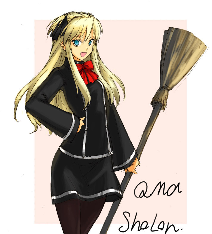 tetsu (kimuchi), shalon, quiz magic academy, 1girl, black pantyhose, blonde hair, blue eyes, broom, female focus, long hair, pantyhose, school uniform, solo
