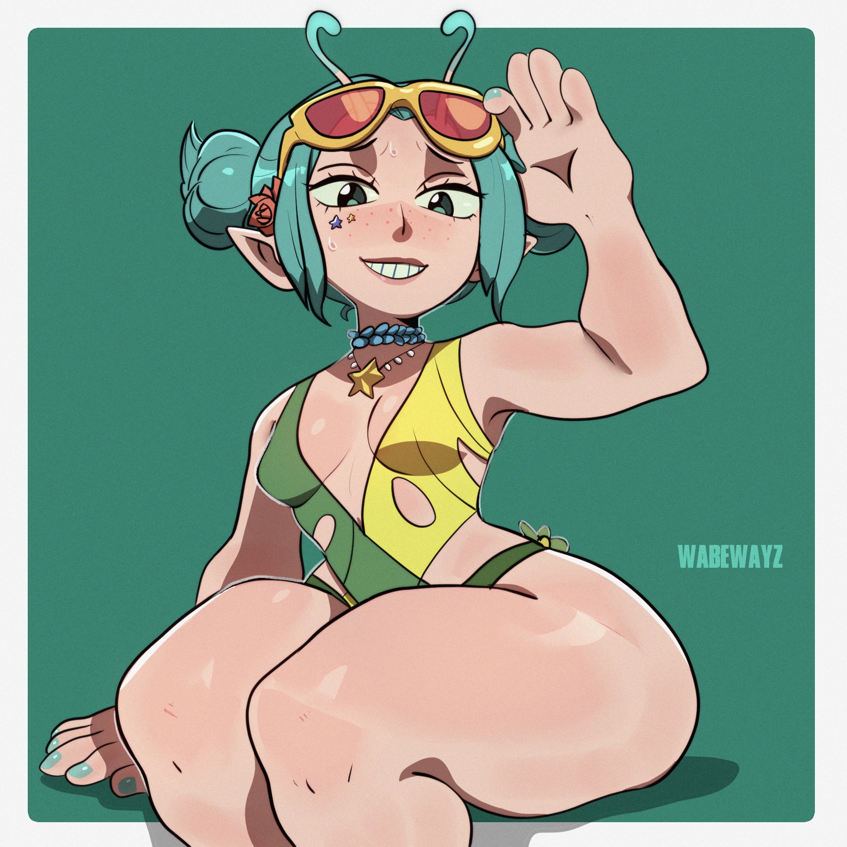 mantis (marvel), guardians of the galaxy, marvel, marvel rivals, highres, 1girl, alien, antennae, blush, breasts, collar, green eyes, grey hair, long hair, looking at viewer, official alternate costume, one-piece swimsuit, simple background, smile, solo, sunglasses, swimsuit, wabewayz