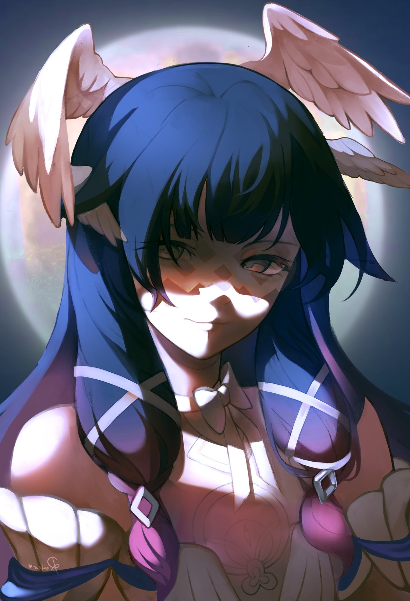 columbina (genshin impact), genshin impact, commentary, english commentary, highres, 1girl, angel wings, bare shoulders, blunt bangs, blurry, blurry background, bow, close-up, closed mouth, detached sleeves, dress, false smile, feathered wings, frilled dress, frilled sleeves, frills, full moon, gradient hair, hair ribbon, head tilt, head wings, koririkou, long hair, looking at viewer, looking to the side, moon, multicolored eyes, multicolored hair, night, night sky, outdoors, purple eyes, ribbon, shade, sidelocks, sky, smile, smug, solo, upper body, white wings, wings
