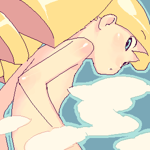 hijiri rei, luna platz (mega man), capcom, mega man (series), mega man star force (series), artist request, lowres, 00s, 1girl, blonde hair, censored, drill hair, female focus, flat chest, jaggy lines, loli, long hair, nude, oekaki, solo