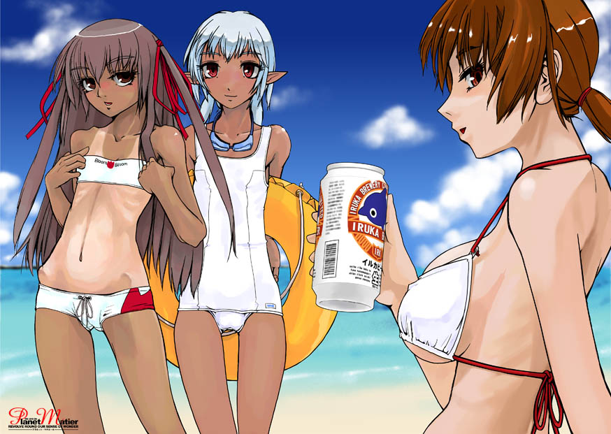 yamamoto canponi, original, 3girls, alcohol, bandeau, beach, beer, bikini, breasts, cloud, dark-skinned female, dark skin, day, flat chest, large breasts, multiple girls, ocean, one-piece swimsuit, one-piece tan, outdoors, pointy ears, ribs, school swimsuit, skinny, sky, swimsuit, tan, tanline, underboob, white one-piece swimsuit, white school swimsuit