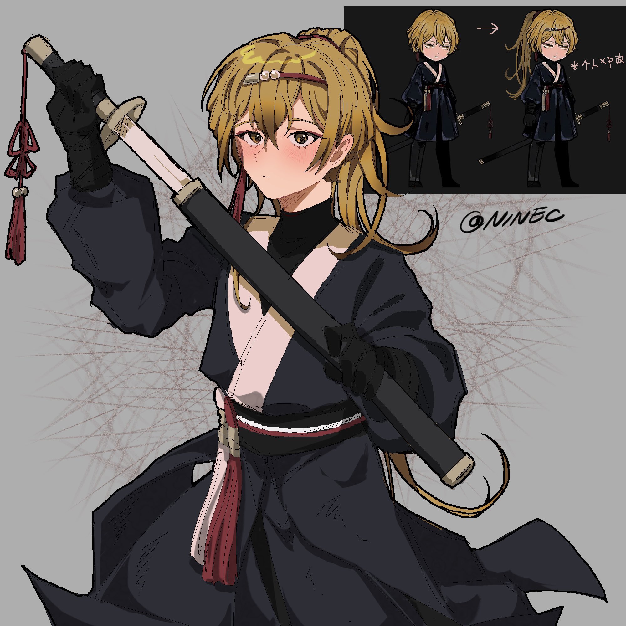 qiluge, sinclair (project moon), limbus company, project moon, highres, 1boy, alternate hairstyle, black gloves, black sweater, blade lineage (identity) (project moon), blonde hair, closed mouth, earrings, gloves, grey background, grey kimono, holding, holding sword, holding weapon, japanese clothes, jewelry, katana, kimono, long hair, long sleeves, looking at viewer, male focus, ponytail, reference inset, sheath, simple background, single earring, sitting, sweater, sword, unsheathing, upper body, weapon, yellow eyes