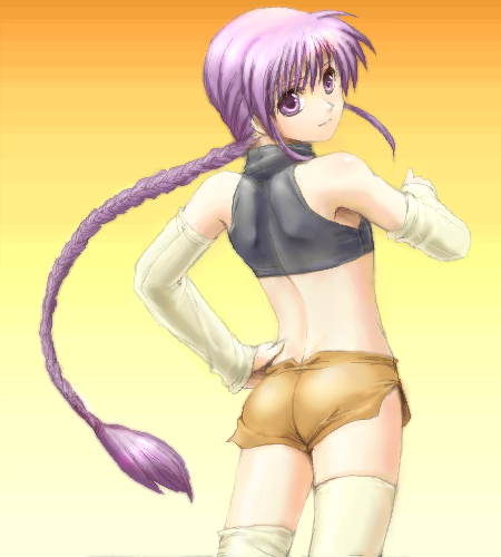 yagisaka seto, angelous lazward, sovereign (yagisaka seto), original, lowres, 1boy, androgynous, braid, looking back, male focus, oekaki, purple hair, solo, thighhighs, trap, zettai ryouiki