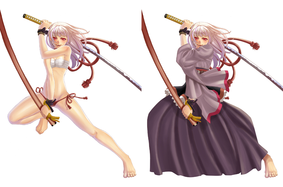 terumii, original, 1girl, barefoot, blush, bracelet, fangs, fighting stance, hakama, hakama skirt, japanese clothes, jewelry, katana, kimono, lace, legs, looking at viewer, multiple views, open mouth, panties, red eyes, sarashi, side-tie panties, skirt, smile, sword, underwear, vampire, weapon, white hair