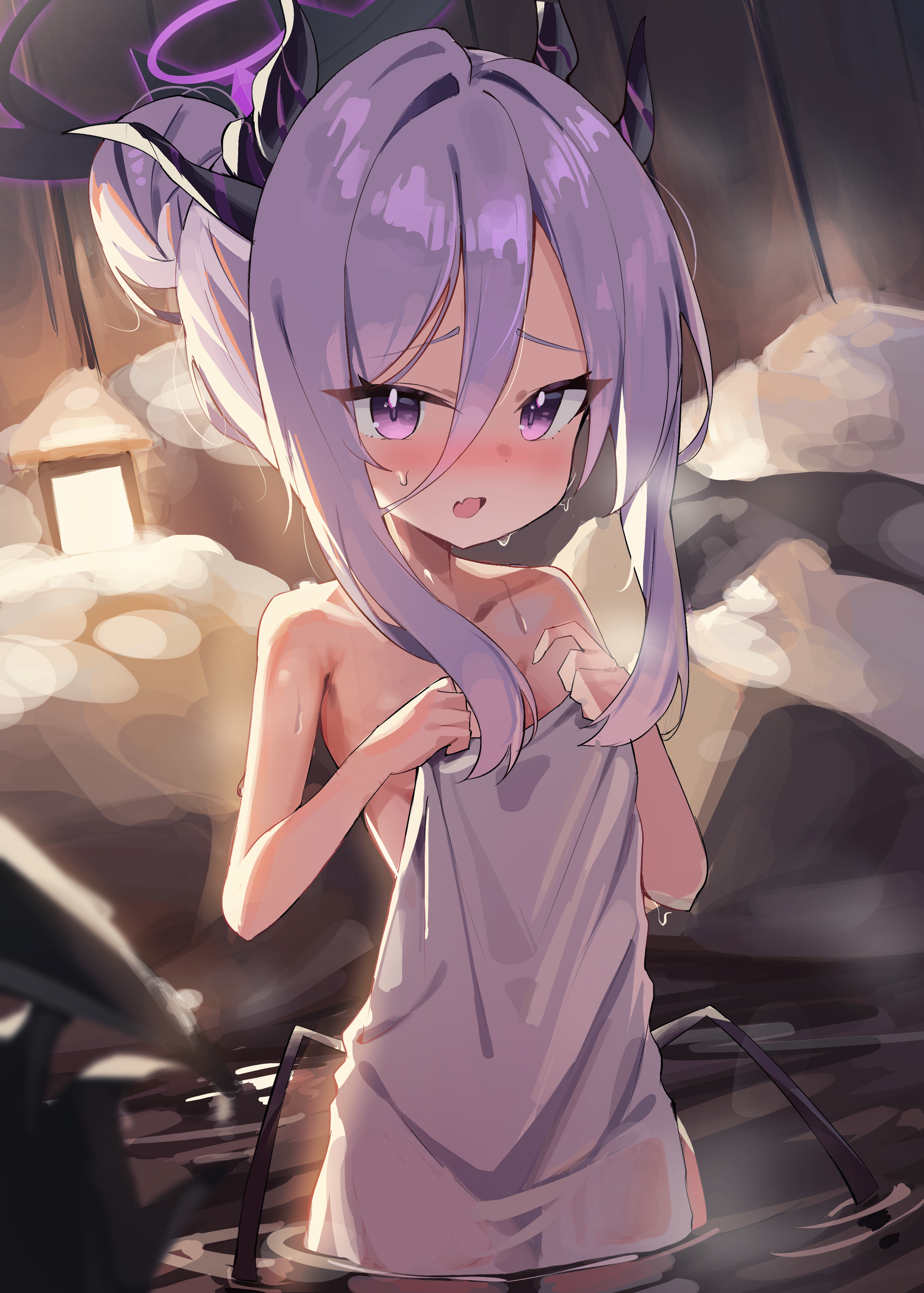 9nu, hina (blue archive), blue archive, absurdres, highres, 1girl, bare shoulders, bat wings, black halo, black wings, blush, collarbone, demon horns, fang, flat chest, grey hair, hair between eyes, hair bun, halo, horns, long hair, looking at viewer, naked towel, onsen, open mouth, partially submerged, purple eyes, skin fang, solo, towel, very long hair, wings