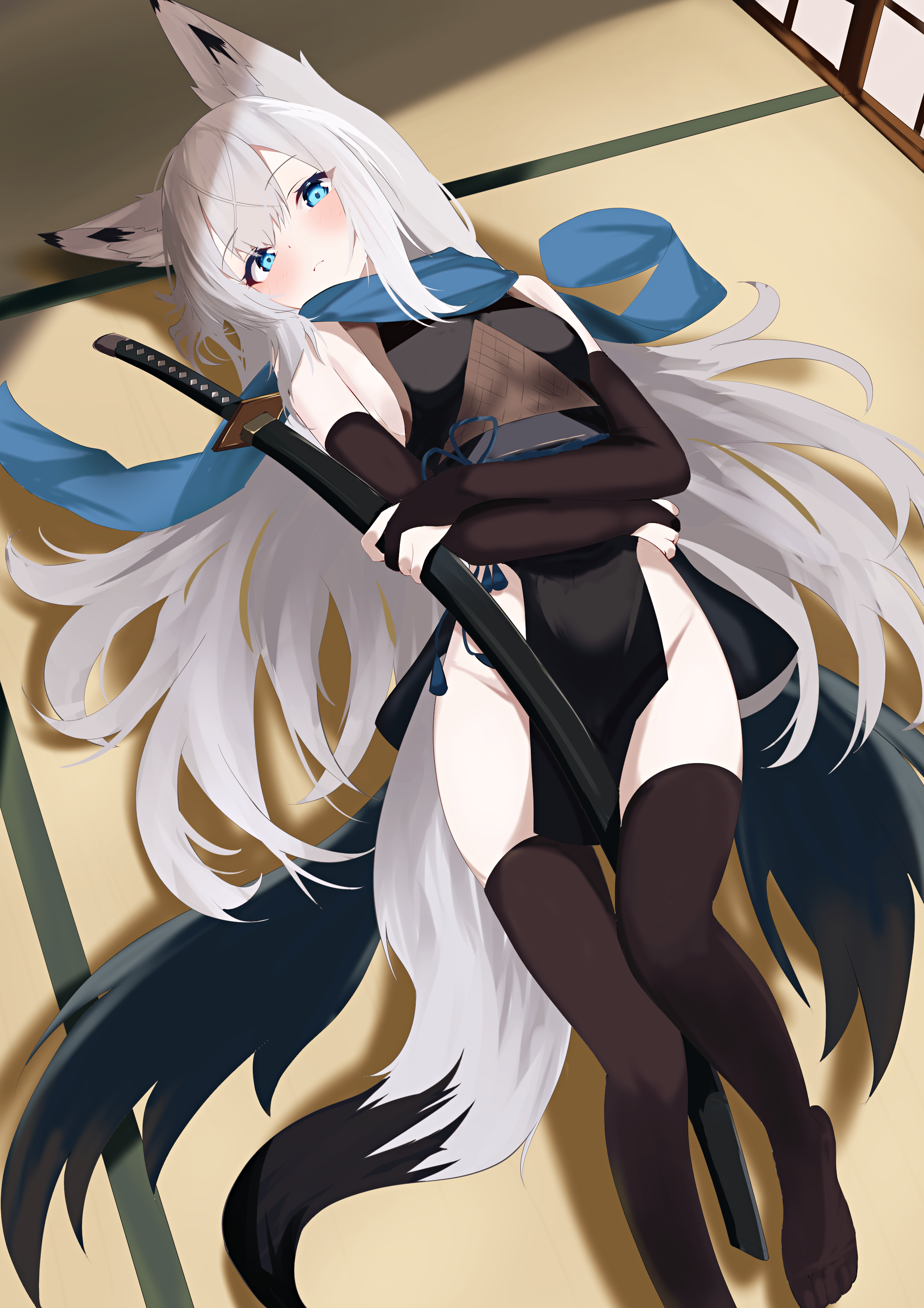 natsuki (natsu 1936), kawakaze (azur lane), azur lane, absurdres, highres, 1girl, animal ear fluff, animal ears, bare shoulders, black bodysuit, black gloves, black shirt, black thighhighs, blue eyes, blue sash, blue scarf, blush, bodysuit, cleavage cutout, closed eyes, clothing cutout, elbow gloves, fox ears, fox girl, fox tail, gloves, greyscale, holding, holding sword, holding weapon, katana, looking at viewer, lying, monochrome, ninja, no shoes, official alternate costume, on back, pelvic curtain, sash, scarf, shirt, sleeveless, sleeveless shirt, solo, sword, tail, thighhighs, weapon