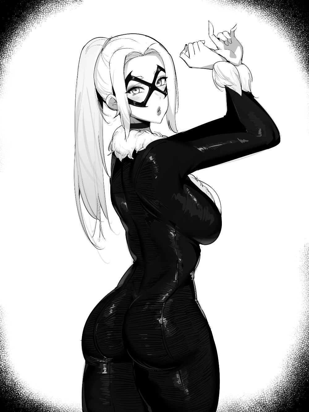 dr octojuice, black cat (marvel), felicia hardy, marvel, spider-man (series), highres, 1girl, black bodysuit, bodysuit, breasts, domino mask, fur trim, gloves, large breasts, long hair, looking at viewer, mask, solo, superhero costume, white hair