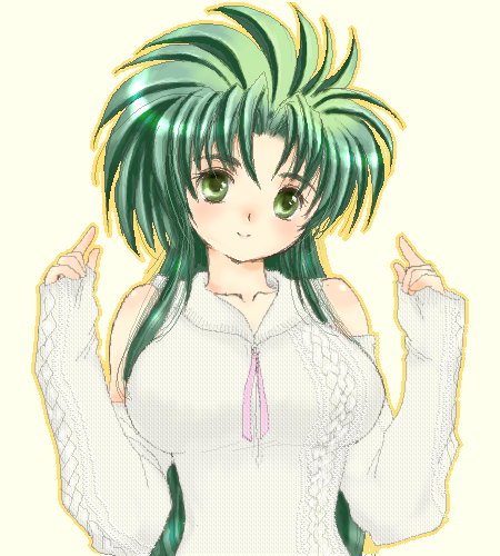 yagisaka seto, jochuu-san, original, lowres, 1girl, female focus, green hair, oekaki, simple background, solo, sweater
