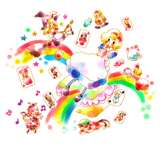 mana (artist), alice margatroid, chen, kirisame marisa, mystia lorelei, shanghai doll, touhou, striped legwear, 4girls, animal ears, beamed quavers, blonde hair, broom, broom riding, brown hair, card, cat ears, cat girl, cat tail, doll, dress, female focus, hair ribbon, hairband, hat, long hair, mary janes, multiple girls, musical note, open mouth, outstretched arms, pantyhose, pink hair, quaver, rabbit ears, rainbow, ribbon, shoes, short hair, sleeping, smile, spread arms, striped clothes, striped pantyhose, tail, wings, witch hat