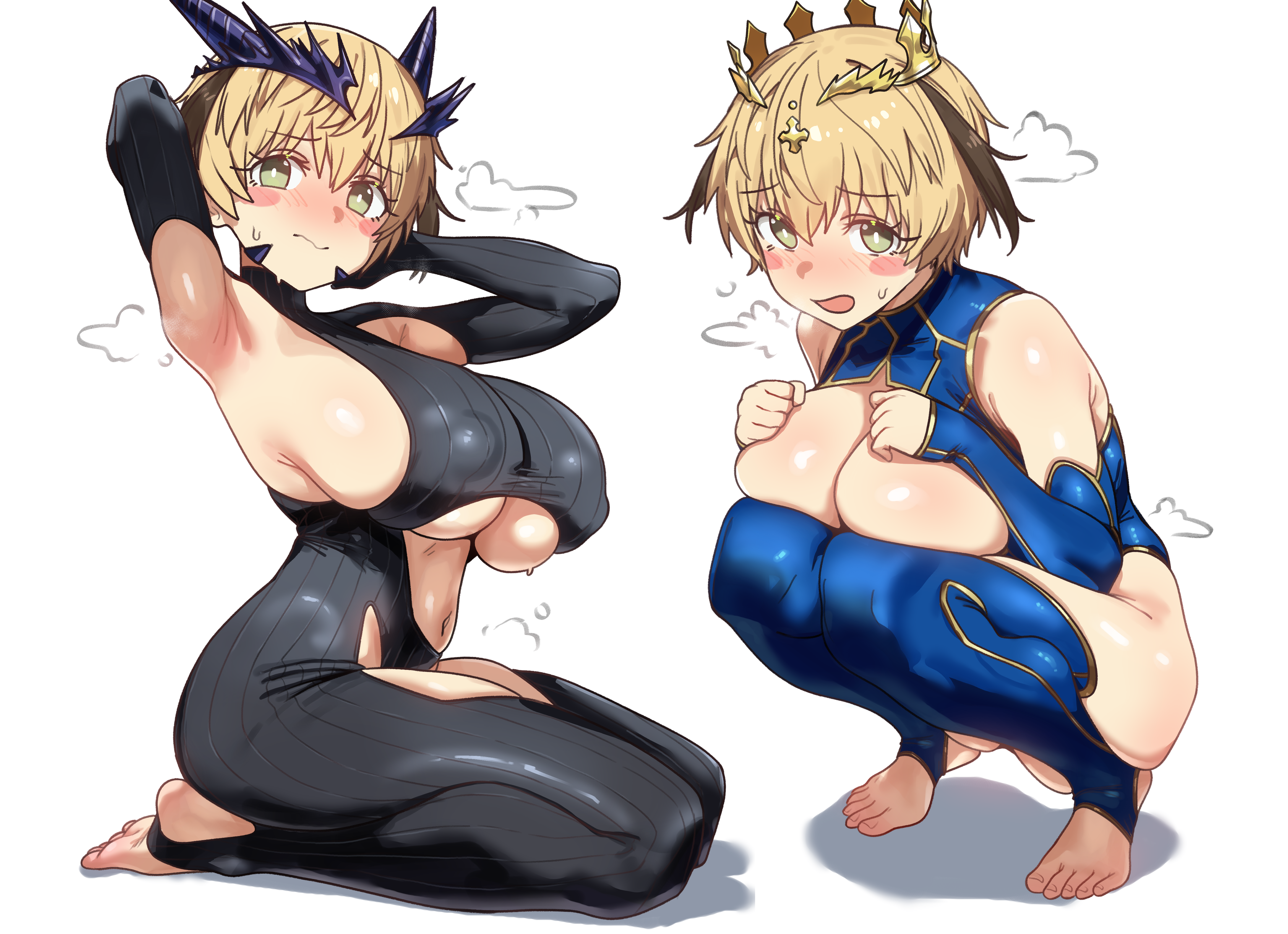 ebora, artoria pendragon (fate), artoria pendragon (lancer) (fate), artoria pendragon (lancer alter) (fate), gareth (fate), fate/grand order, fate (series), absurdres, highres, 1girl, armpits, artoria pendragon (lancer) (fate) (cosplay), artoria pendragon (lancer alter) (fate) (cosplay), black bodysuit, blonde hair, blue sleeves, blue thighhighs, blush, blush stickers, bodysuit, breasts, cosplay, covered erect nipples, crown, detached sleeves, embarrassed, fingerless gloves, full body, gloves, green eyes, hair between eyes, hair flaps, huge breasts, looking at viewer, multicolored hair, multiple views, navel, ribbed bodysuit, seiza, short hair, sitting, squatting, stirrup legwear, thighhighs, toeless legwear, toes, two-tone hair, underboob, white background