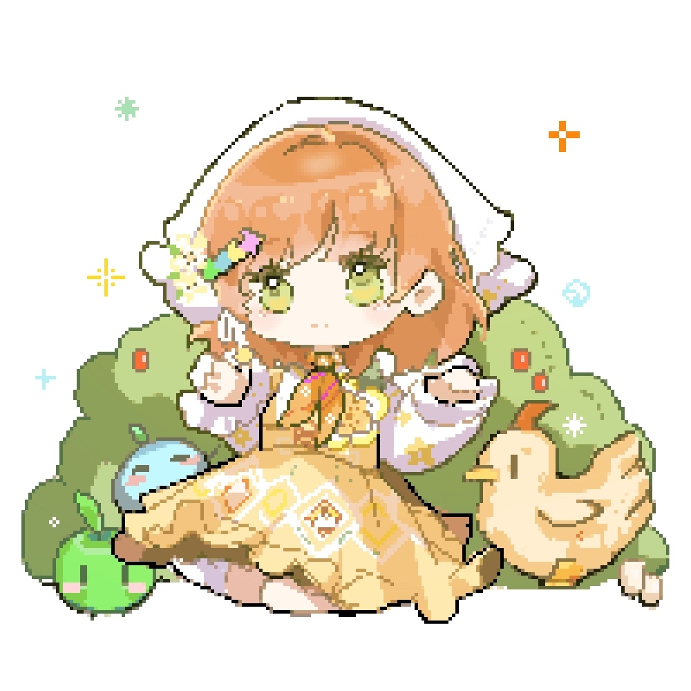 interruption (echo-023), junimo, infinity nikki, nikki (series), stardew valley, 1girl, animal, apple, berry, bird, brown hair, bush, chibi, chicken, closed mouth, country lolita, dress, eyelashes, floral print, flower, food, food-themed creature, frilled dress, frilled headwear, frilled sleeves, frills, fruit, green apple, green eyes, hair ornament, hairclip, happy, hat, hat flower, headscarf, kneehighs, kneeling, light blush, lolita fashion, long sleeves, looking at viewer, medium dress, medium hair, orange dress, orange scarf, outstretched hand, pinafore dress, pixel art, puffy long sleeves, puffy sleeves, scarf, shirt, sleeveless, sleeveless dress, smile, socks, sparkle, stardew valley encounter (infinity nikki), tareme, white background, white headscarf, white shirt, white socks, yellow flower