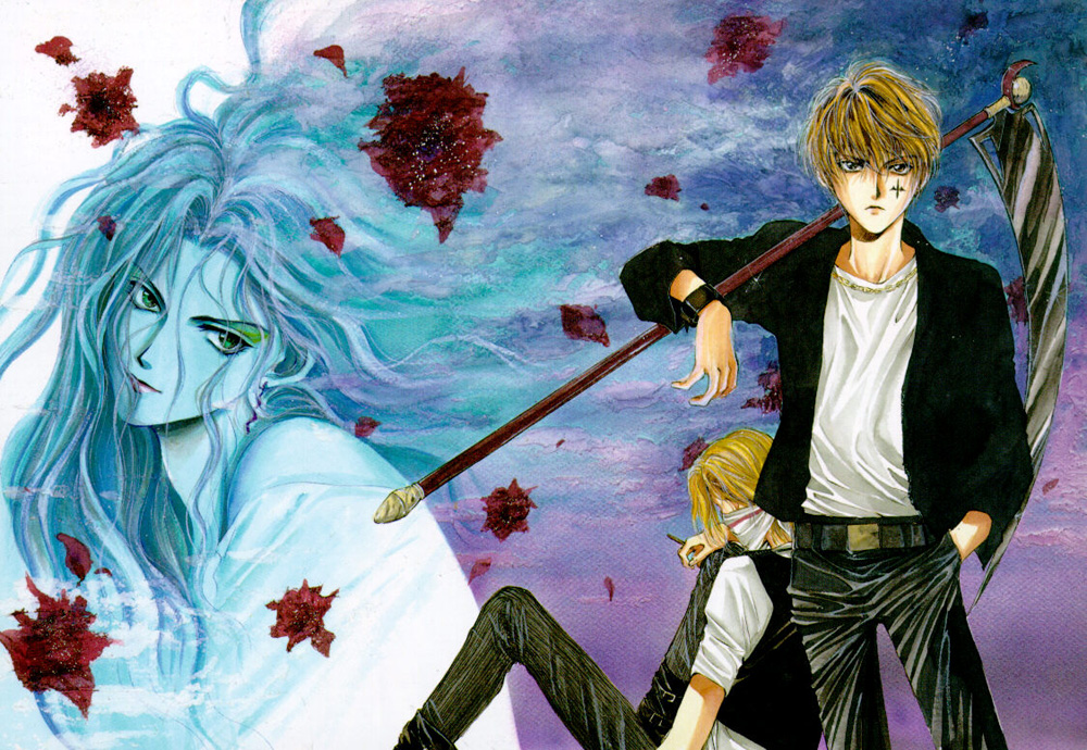 rosiel, yuki kaori, katou yue, mudou setsuna, angel cage, angel sanctuary, artbook, 1girl, 2boys, belt, between fingers, blue skin, cigarette, colored skin, cross, frown, hair spread out, holding, inverted cross, jewelry, male focus, multiple boys, necklace, scythe, sitting, standing