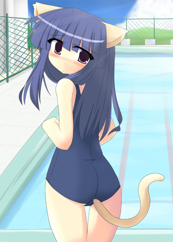 kugui kiyunemu, furude rika, higurashi no naku koro ni, 00s, animal ears, cat ears, cat tail, one-piece swimsuit, school swimsuit, solo, swimsuit, tail
