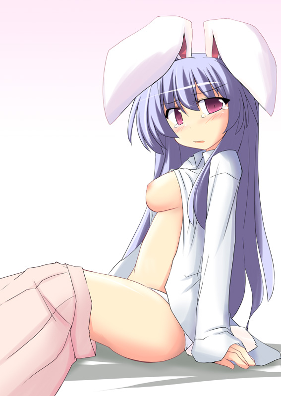 kugui kiyunemu, reisen udongein inaba, touhou, 1girl, animal ears, blouse, breasts, female focus, gradient background, hair between eyes, long hair, nipples, panties, rabbit ears, shirt, simple background, skirt, solo, underwear, very long hair, white background, white shirt