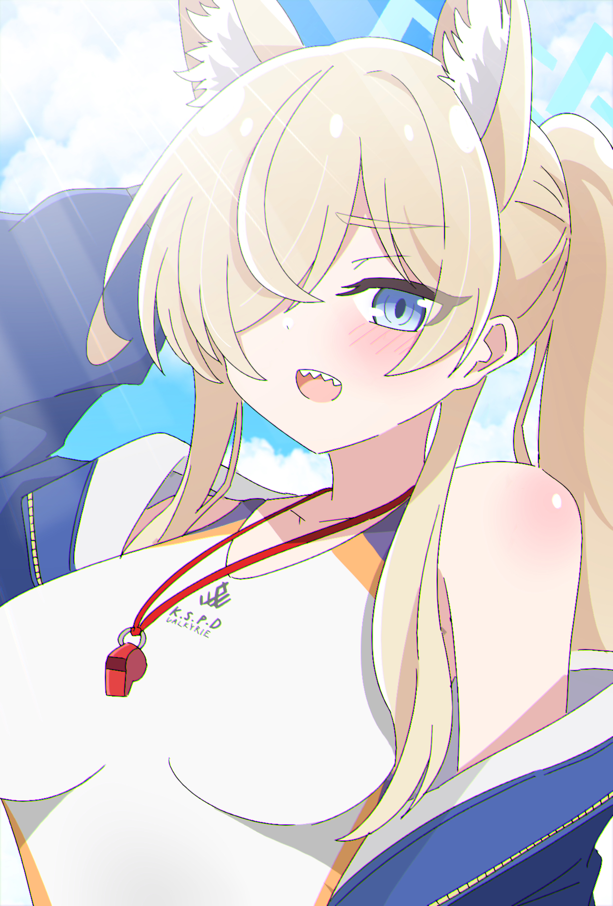 shimotsukiya, kanna (blue archive), kanna (swimsuit) (blue archive), blue archive, highres, 1girl, animal ear fluff, animal ears, bare shoulders, blonde hair, blue eyes, blue jacket, blush, dog ears, dog girl, extra ears, hair over one eye, jacket, long hair, looking at viewer, official alternate costume, official alternate hairstyle, one-piece swimsuit, open mouth, ponytail, sharp teeth, sidelocks, solo, swimsuit, teeth, upper teeth only, white one-piece swimsuit