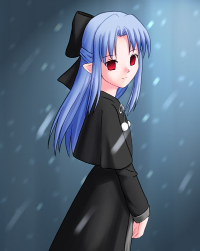 len (tsukihime), melty blood, tsukihime, type-moon, lowres, 00s, 1girl, blue hair, female focus, half updo, pointy ears, red eyes, solo
