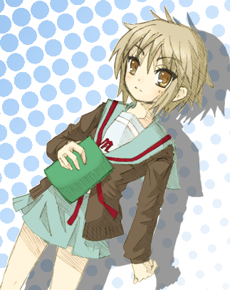 jhonwalker, nagato yuki, suzumiya haruhi no yuuutsu, eyebrows, silver hair, lowres, 00s, 1girl, arm at side, blue skirt, blush, book, cardigan, closed mouth, cowboy shot, female focus, frown, halftone, holding, holding book, long sleeves, looking at viewer, miniskirt, open cardigan, open clothes, polka dot, polka dot background, purple hair, red ribbon, ribbon, school uniform, serafuku, shadow, short hair, skirt, solo