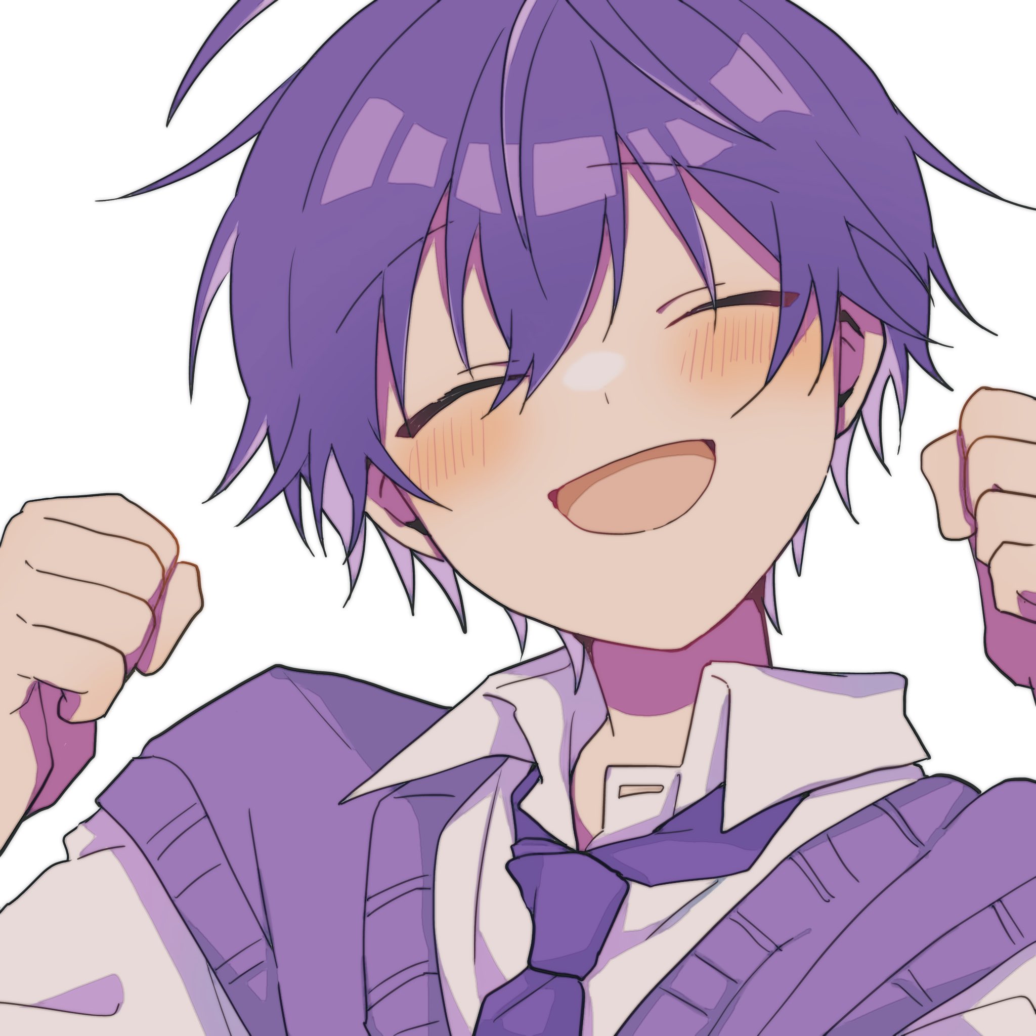 nanamori (stpri), strawberry prince, commentary, highres, 1boy, blush, clenched hands, closed eyes, facing viewer, hair between eyes, male focus, necktie, open mouth, portrait, purple hair, purple necktie, purple sweater vest, short hair, simple background, smile, solo, sweater vest, uniuni12040427, white background