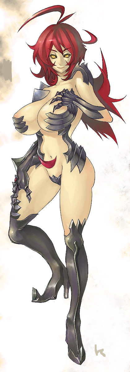 meme50, amaha masane, witchblade, highres, 00s, 1girl, armor, bikini armor, black sclera, breasts, colored sclera, female focus, huge breasts, legs, red hair, solo