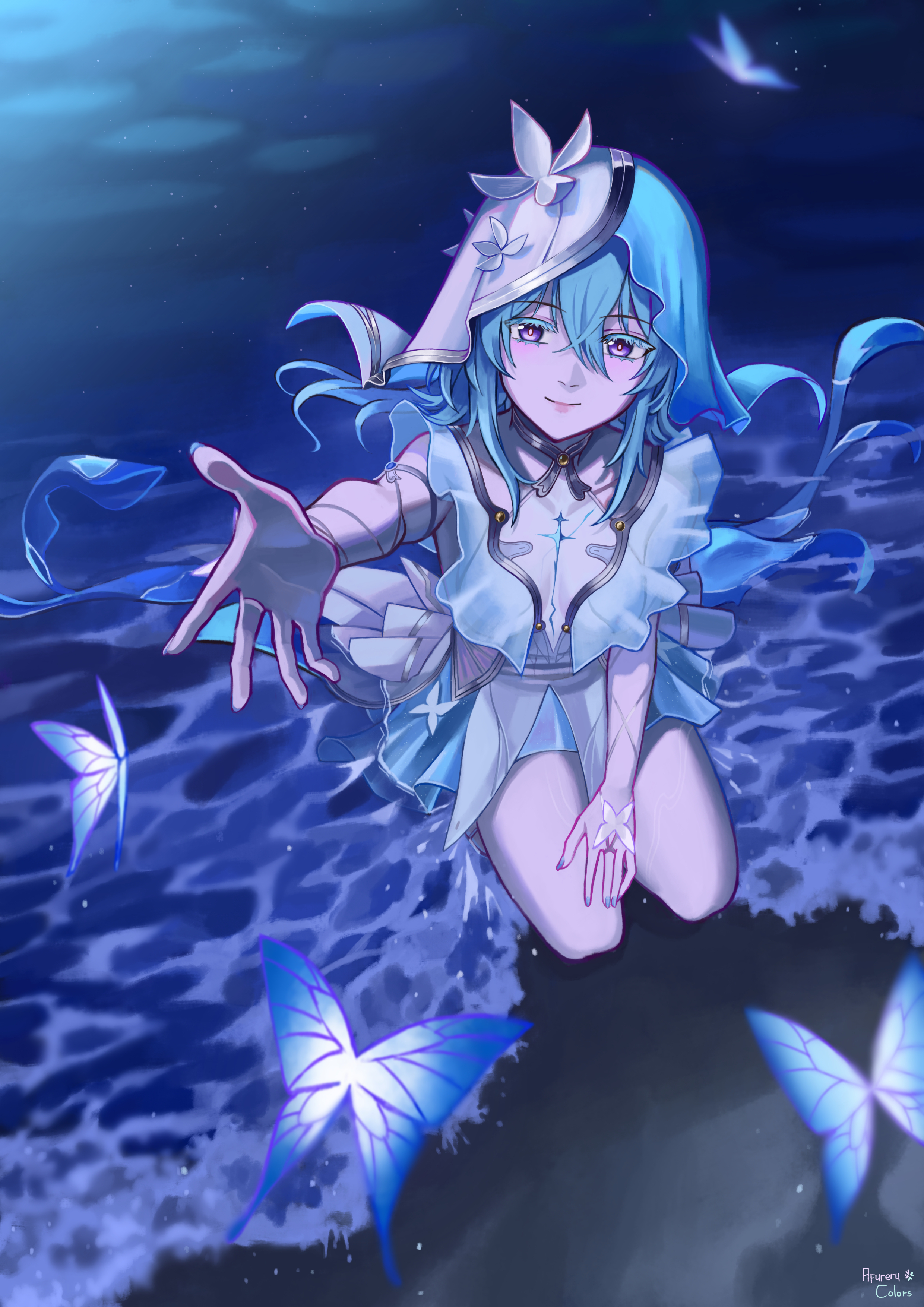 afureru colors, shorekeeper (wuthering waves), wuthering waves, absurdres, commentary, highres, 1girl, armlet, blue butterfly, blue hair, blue nails, blue veil, breasts, bug, butterfly, closed mouth, colored eyelashes, dress, fingernails, insect, jewelry, long hair, looking at viewer, medium breasts, nail polish, outstretched arm, purple eyes, seiza, shore, sitting, sleeveless, sleeveless dress, smile, solo, two-tone veil, veil, white veil