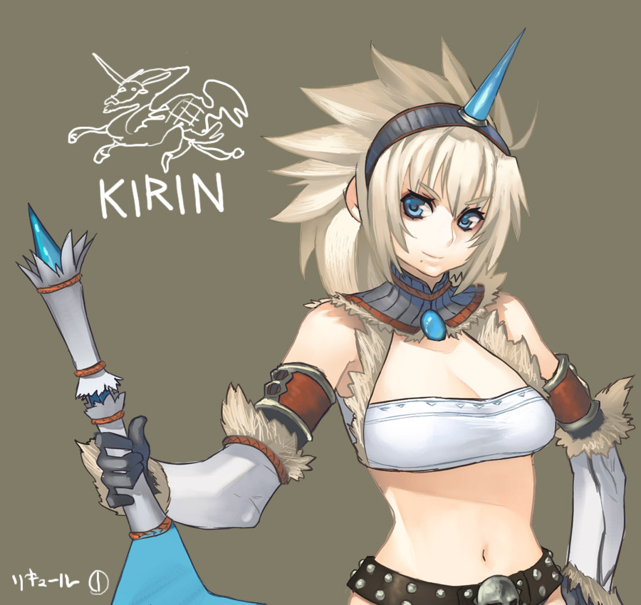 meme50, kirin (monster hunter), capcom, kirin (company), monster hunter (series), bad id, bad pixiv id, 1girl, armor, blue eyes, breasts, cleavage, female focus, hairband, horns, kirin (armor), midriff, single horn, solo