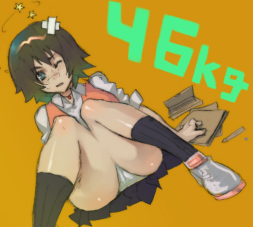 meme50, lady (devil may cry), capcom, devil may cry (series), original, bad id, bad pixiv id, lowres, 00s, 1girl, brown hair, female focus, panties, pantyshot, school uniform, serafuku, short hair, sitting, skirt, solo, underwear, upskirt