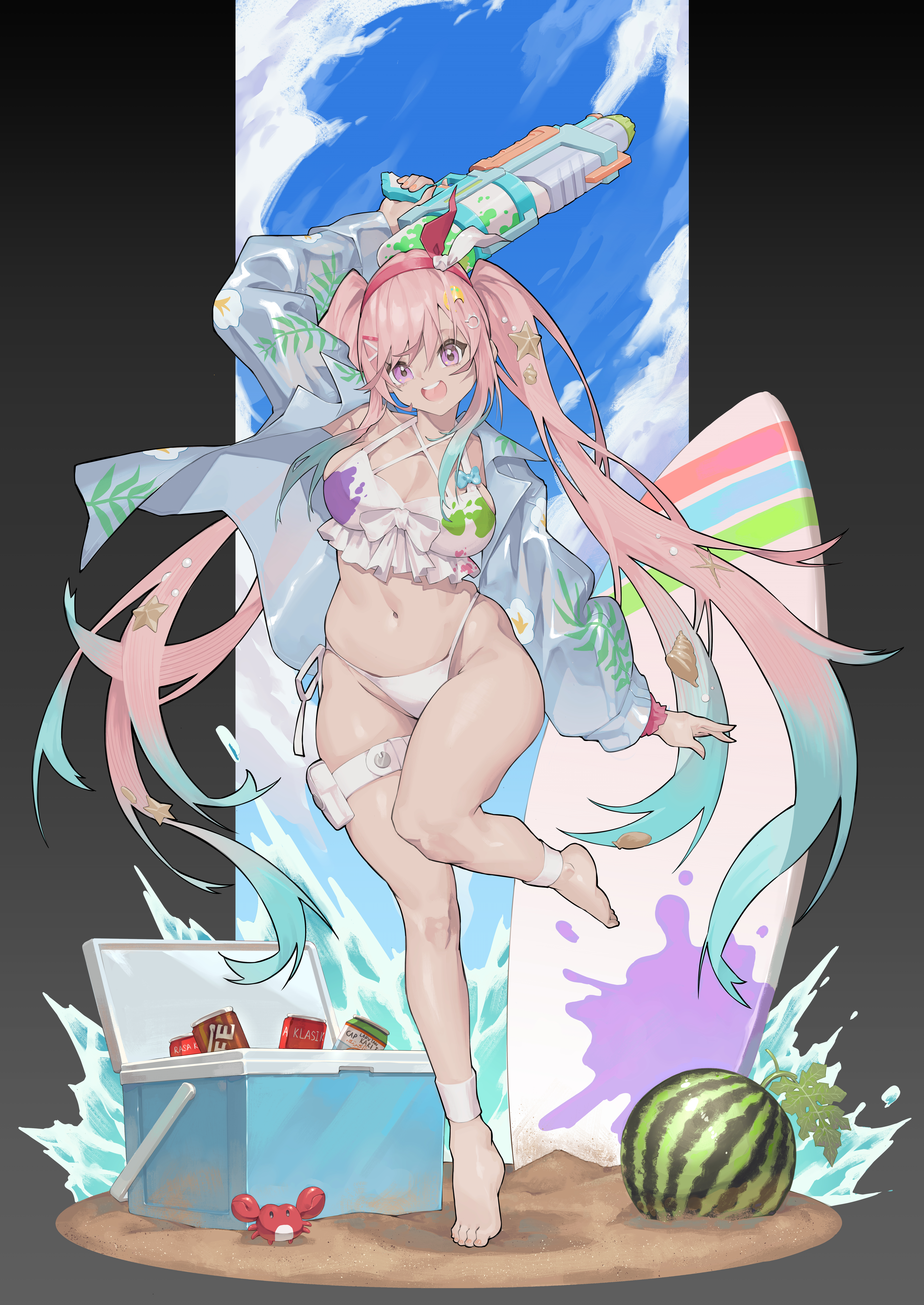 zetsuental, airani iofifteen, airani iofifteen (holonatsu paradise), hololive, hololive indonesia, absurdres, commentary, english commentary, highres, 1girl, :d, barefoot, bikini, blue hair, blue sky, bow hairband, cooler, crab, criss-cross halter, day, food, frilled bikini, frills, fruit, full body, gradient hair, hairband, halterneck, highleg, highleg bikini, holding, holding water gun, jacket, jacket over swimsuit, long hair, long sidelocks, looking at viewer, multi-strapped bikini top, multicolored hair, official alternate costume, official alternate hairstyle, open mouth, paint splatter, pink hair, pink hairband, planted surfboard, pouch, purple eyes, side-tie bikini bottom, sidelocks, sky, smile, solo, standing, standing on one leg, stomach, swimsuit, teeth, thigh pouch, tiptoes, twintails, two-tone hairband, upper teeth only, very long hair, virtual youtuber, water gun, watermelon, white bikini, white hairband, white jacket