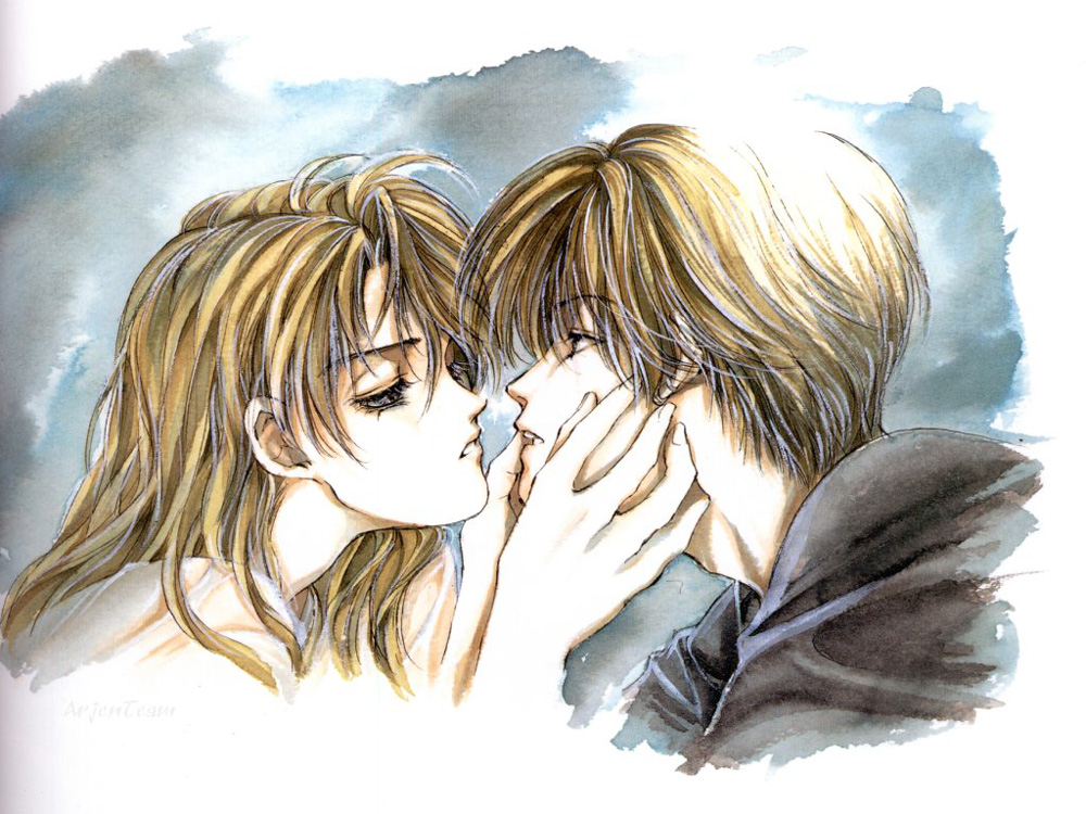 yuki kaori, mudou sara, mudou setsuna, angel cage, angel sanctuary, artbook, 1boy, 1girl, blonde hair, brother and sister, couple, earrings, hands on another's face, hetero, incest, jewelry, long hair, looking at another, short hair, siblings
